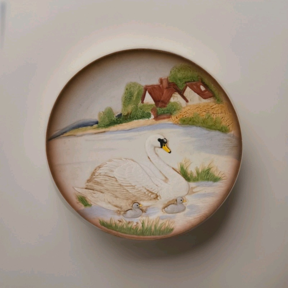 Vintage European Style Relief Plate #1429 Swan with Ducklings Cottage Scene 8"